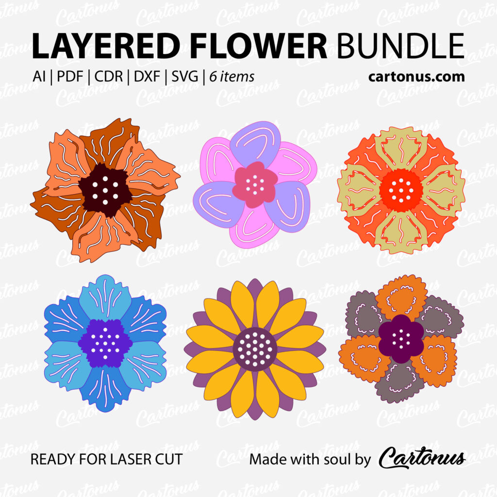 Bundle of layered flowers for brooches.
Project plan for laser cut.
Scalable vector graphics for laser cut.
Material: leather, leatherette, foamiran, carton, cardboard…