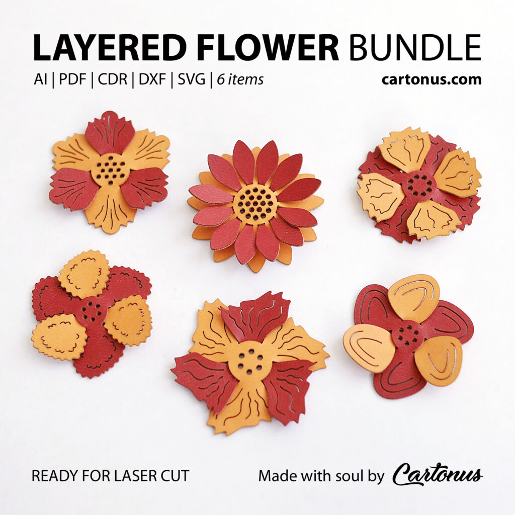 Set of layered flowers for brooches.
Project plan for laser cut.
Scalable vector graphics for laser cut.
Material: leather, leatherette, foamiran, carton, cardboard…