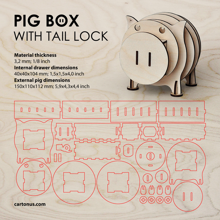 Pig box with tail lock. 
Lasercut vector model / project plan 