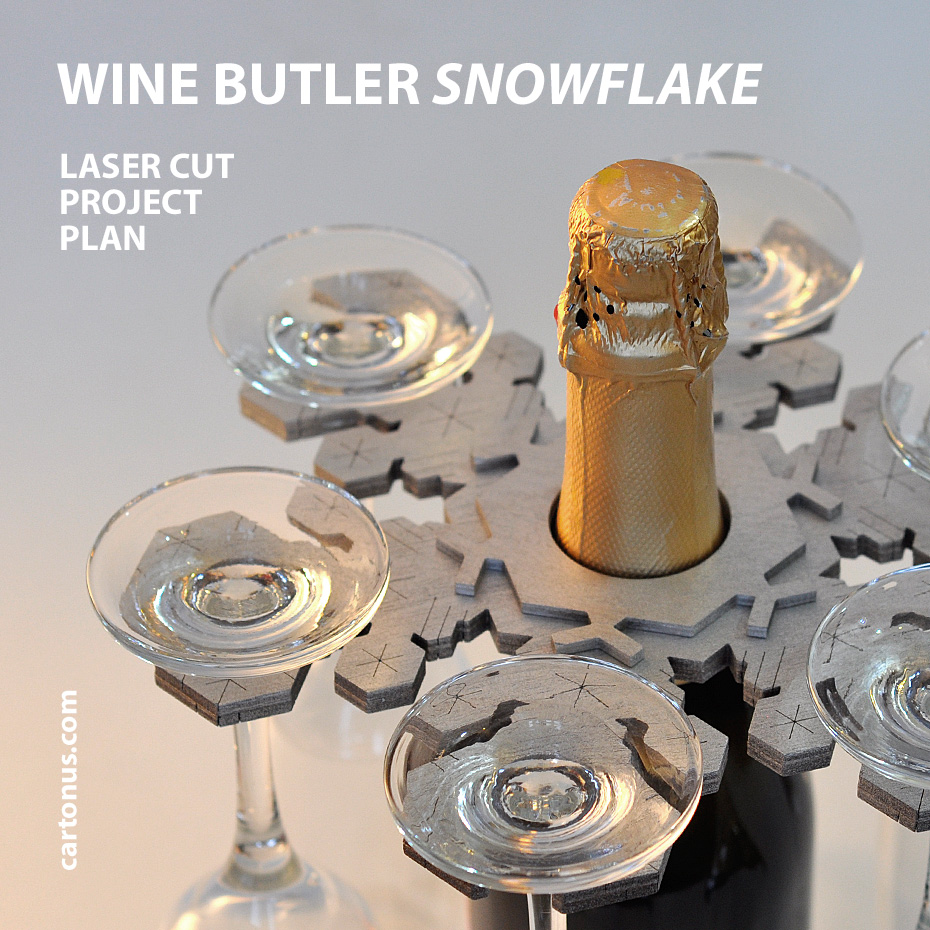 Laser Cut Wine Butler: Snowflake Design with Glass Holders