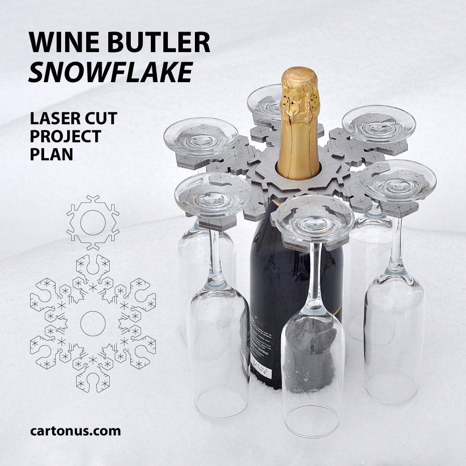 Laser Cut Wine Butler: Snowflake Design with Glass Holders