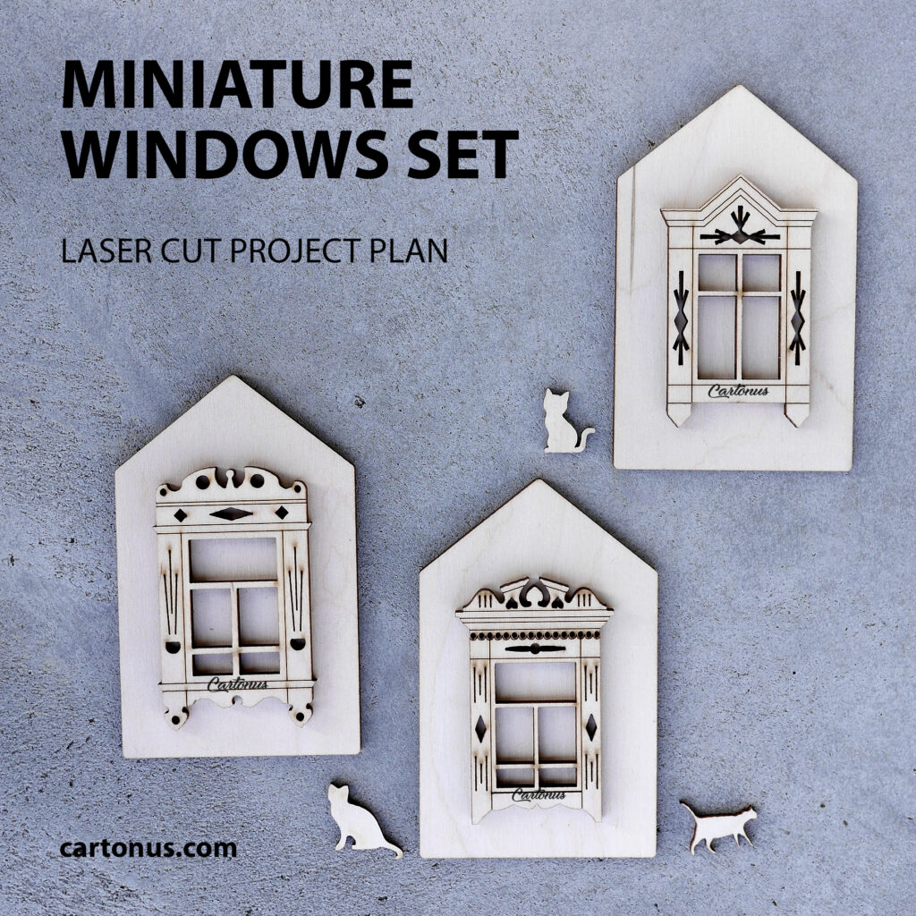 Miniature windows and cats set. Laser cut SVG file