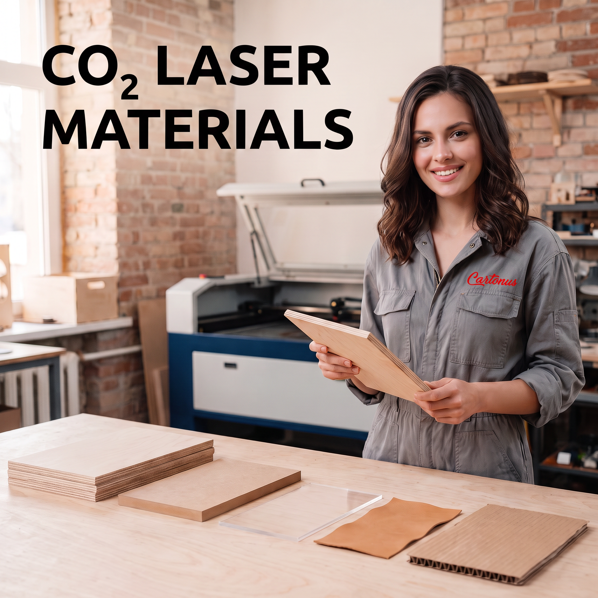 Woman presenting plywood, MDF, acrylic, leather, and cardboard samples in a laser-cutting workshop, with the headline “CO₂ Laser Materials.”